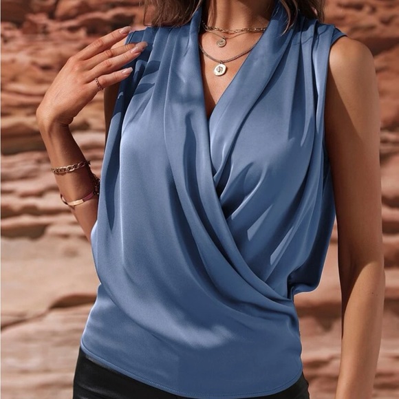 Luxe Satin Overlap Sleeveless Work Office Top - Picture 12 of 13